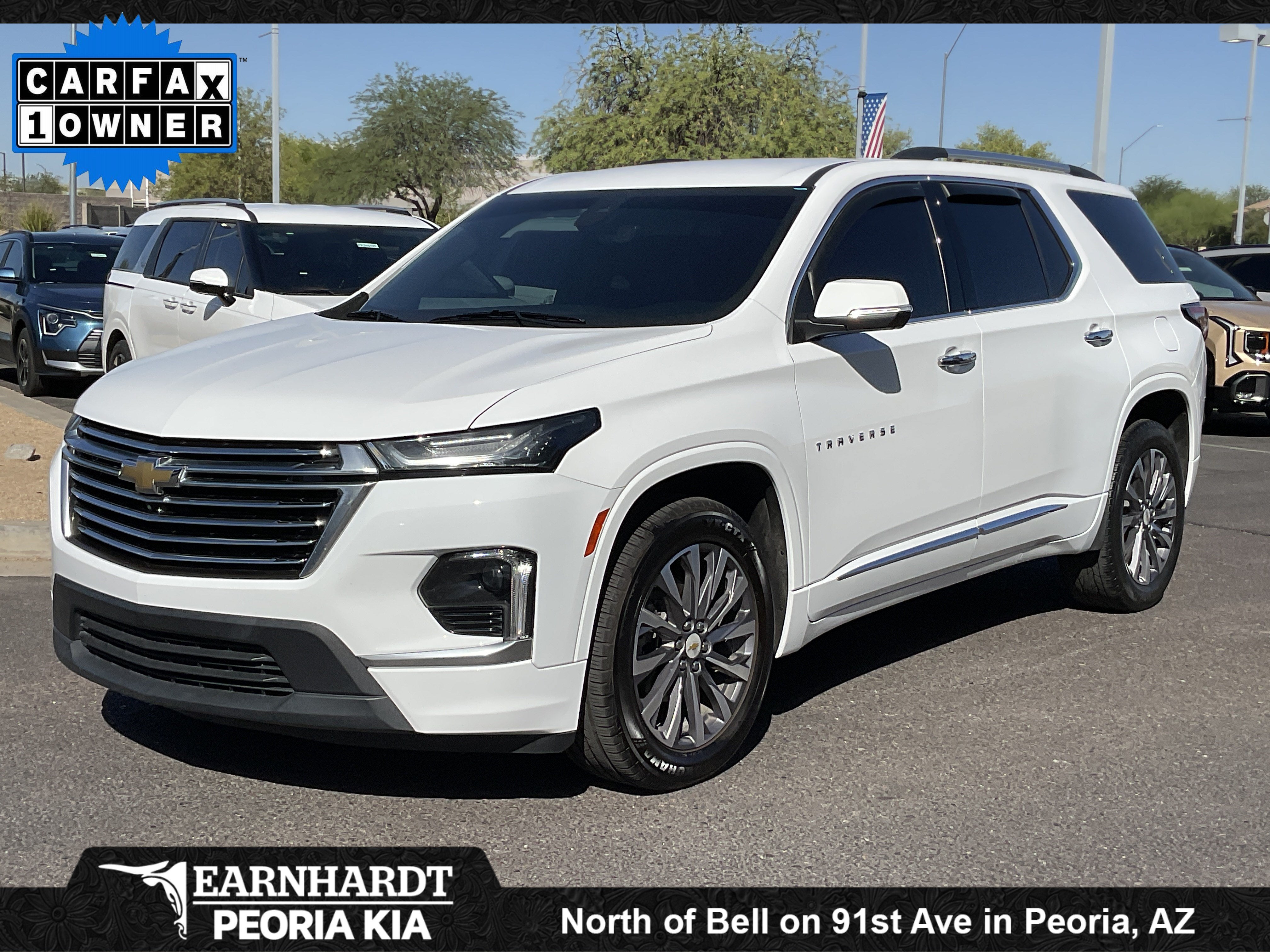 2023 Chevrolet Traverse Premier in Summit White — front three-quarter view