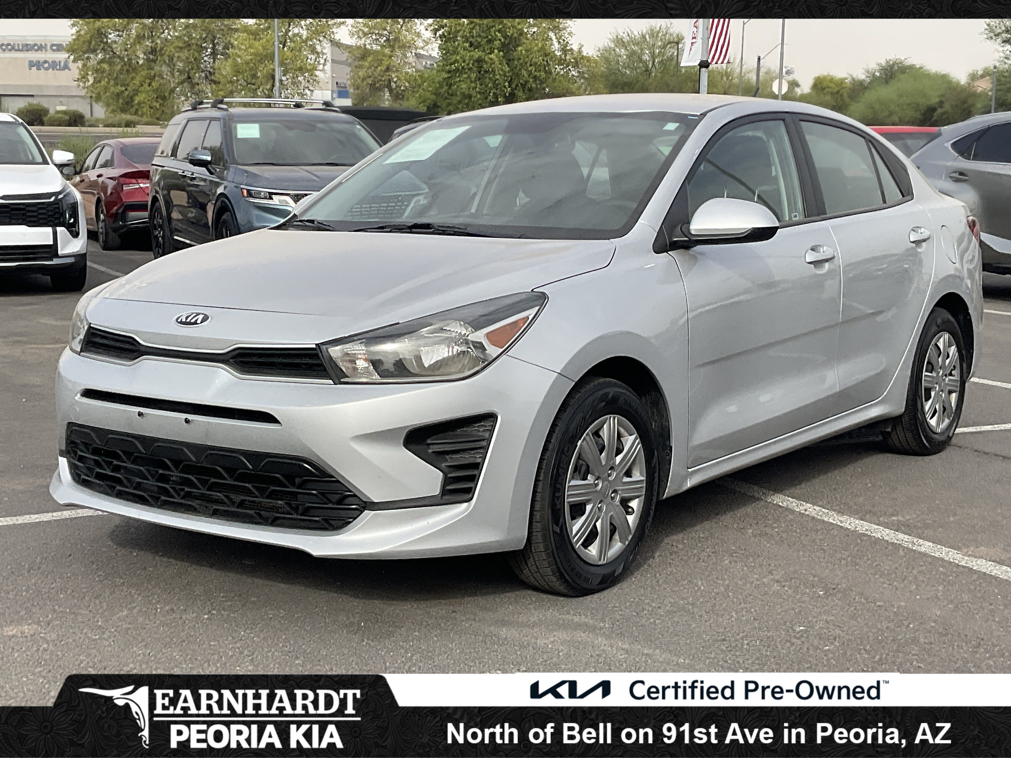 2021 Kia Rio S in Silky Silver — front three-quarter view