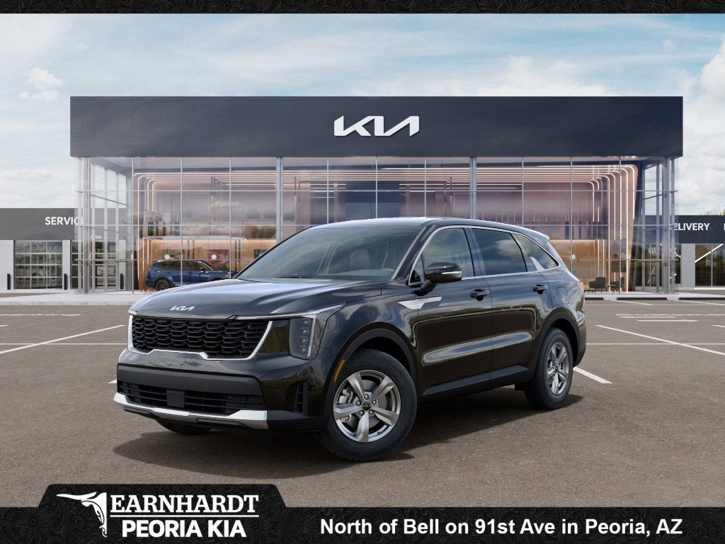 2026 Kia Sorento LX in Ebony Black — front three-quarter view