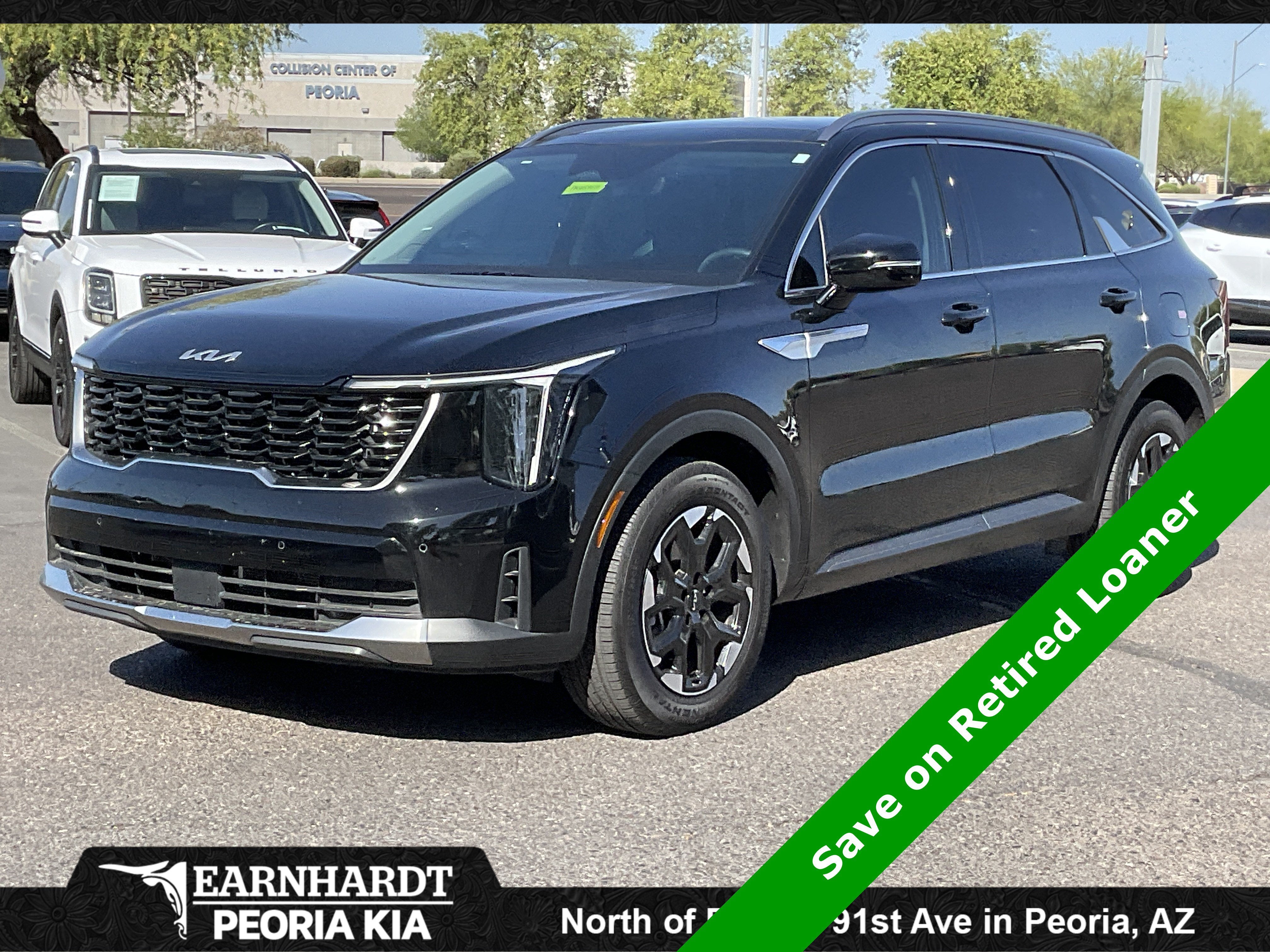 2025 Kia Sorento S in Ebony Black — front three-quarter view