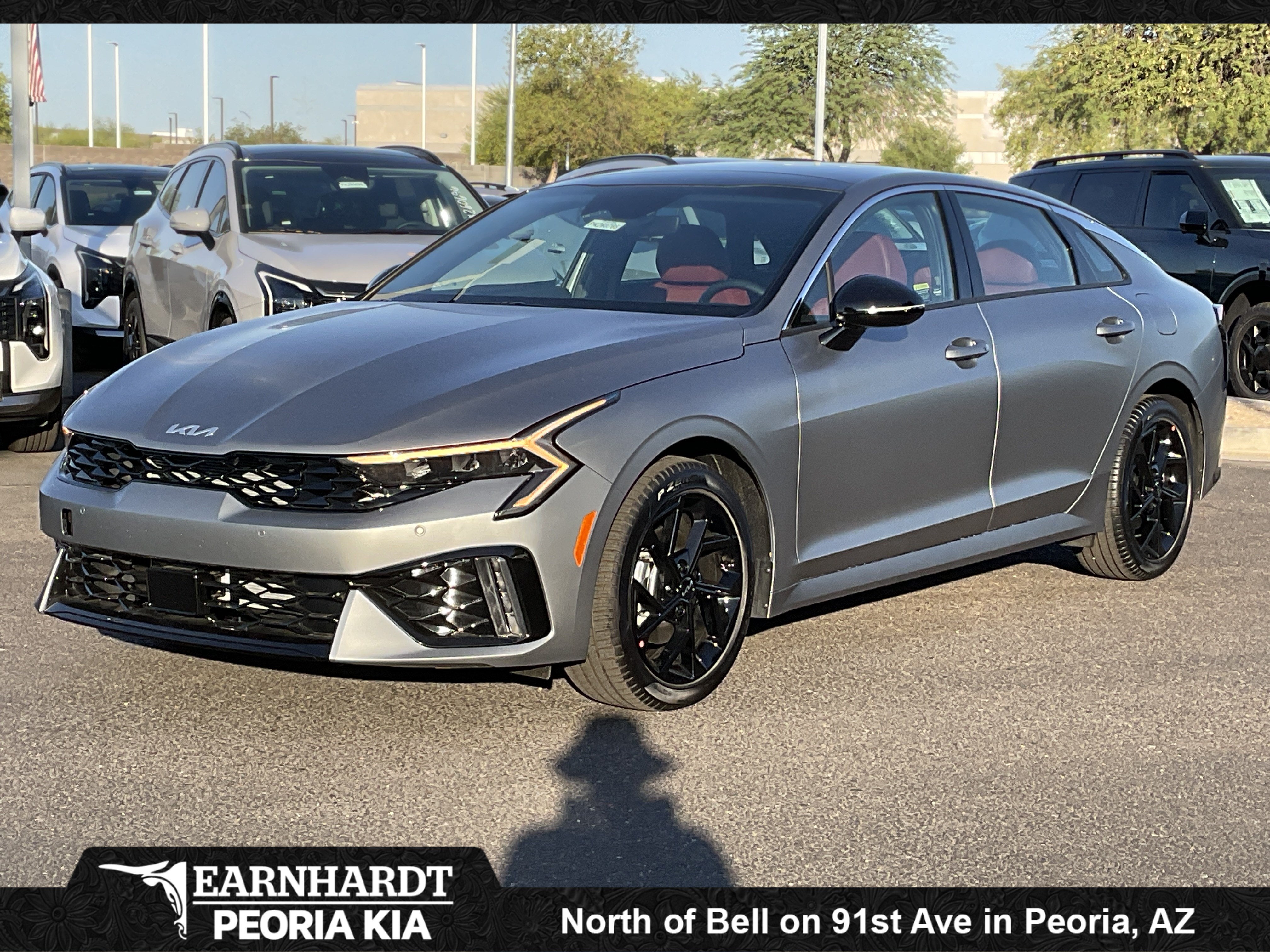 2026 Kia K5 GT-Line in Steel Matte Gray — front three-quarter view