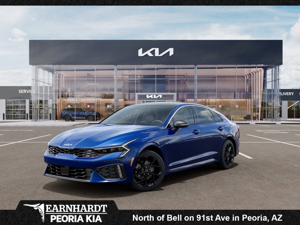 2026 Kia K5 GT-Line in Yacht Blue — front three-quarter view