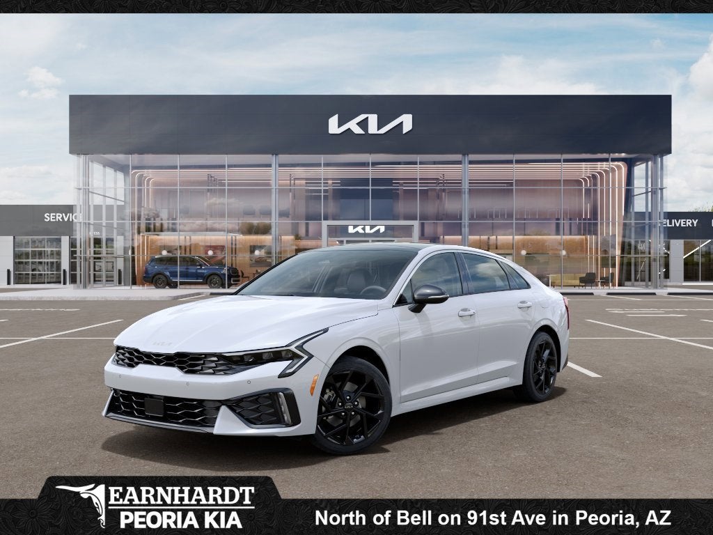 2026 Kia K5 GT-Line in Snow White Pearl — front three-quarter view