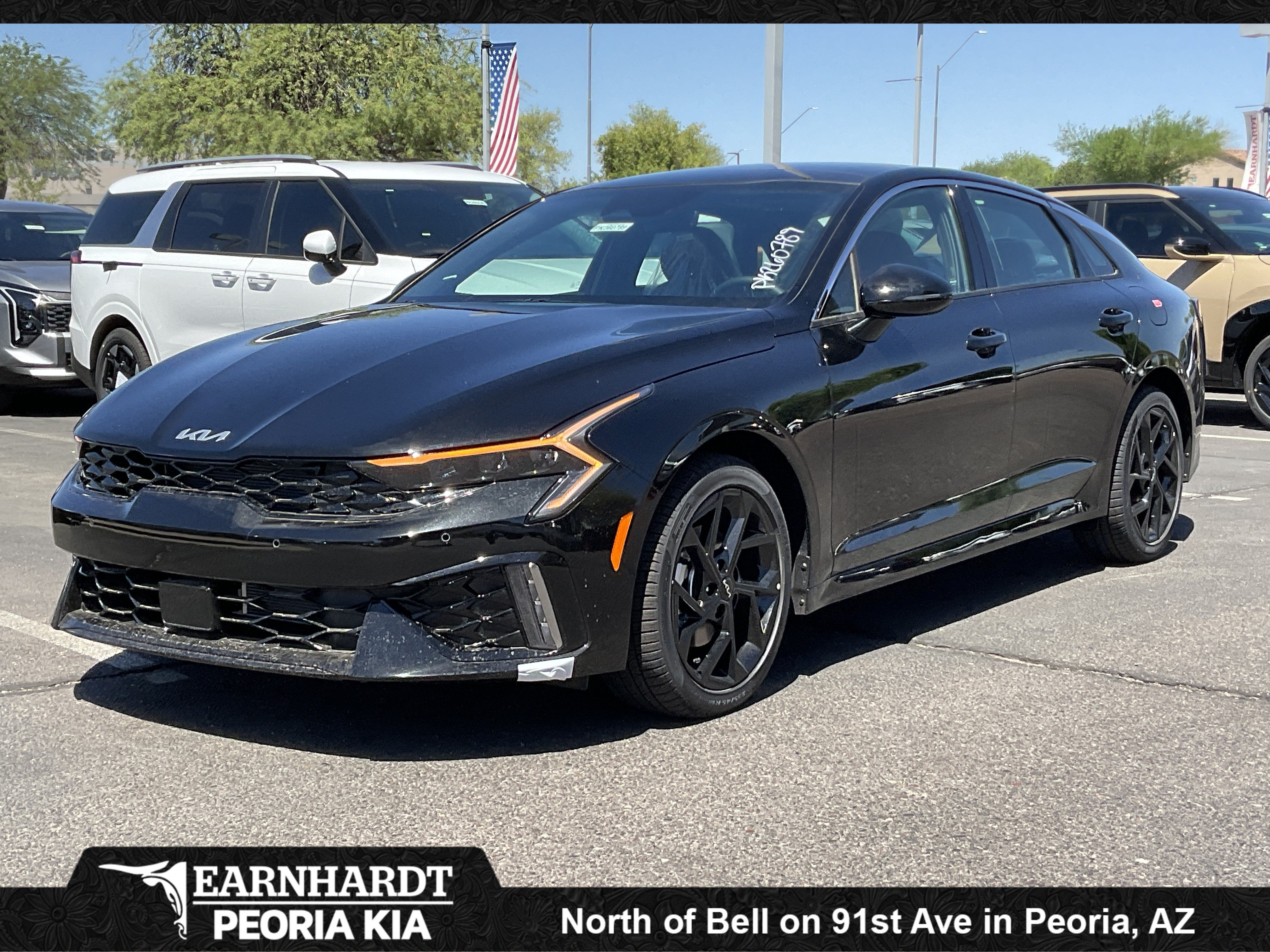 2026 Kia K5 GT-Line in Aurora Black — front three-quarter view